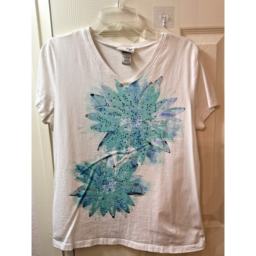 Kim Rogers Womens Large White Floral V-Neck Short Sleeve Cotton T-Shirt Beaded